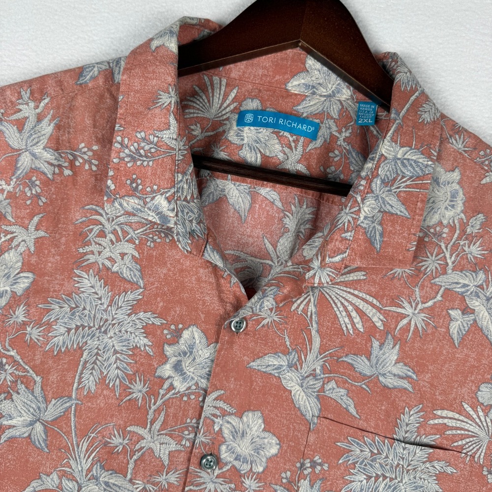 Tori Richard Aloha Shirt Mens 2XL Coral Floral Cotton Lawn Made in Hawaii